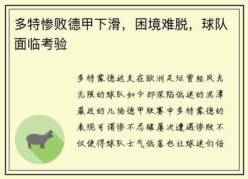 多特惨败德甲下滑，困境难脱，球队面临考验