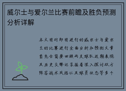 威尔士与爱尔兰比赛前瞻及胜负预测分析详解